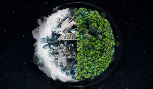 World, city buildings or forest in globalization crisis, climate change awareness or pollution environment security on black background. Globe, environment day or abstract urban trees on night mockup